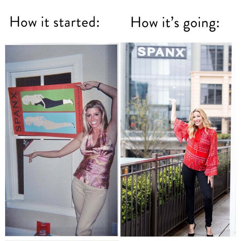 Image of Sara Blakely when SPANX started next to how SPANX is going today 