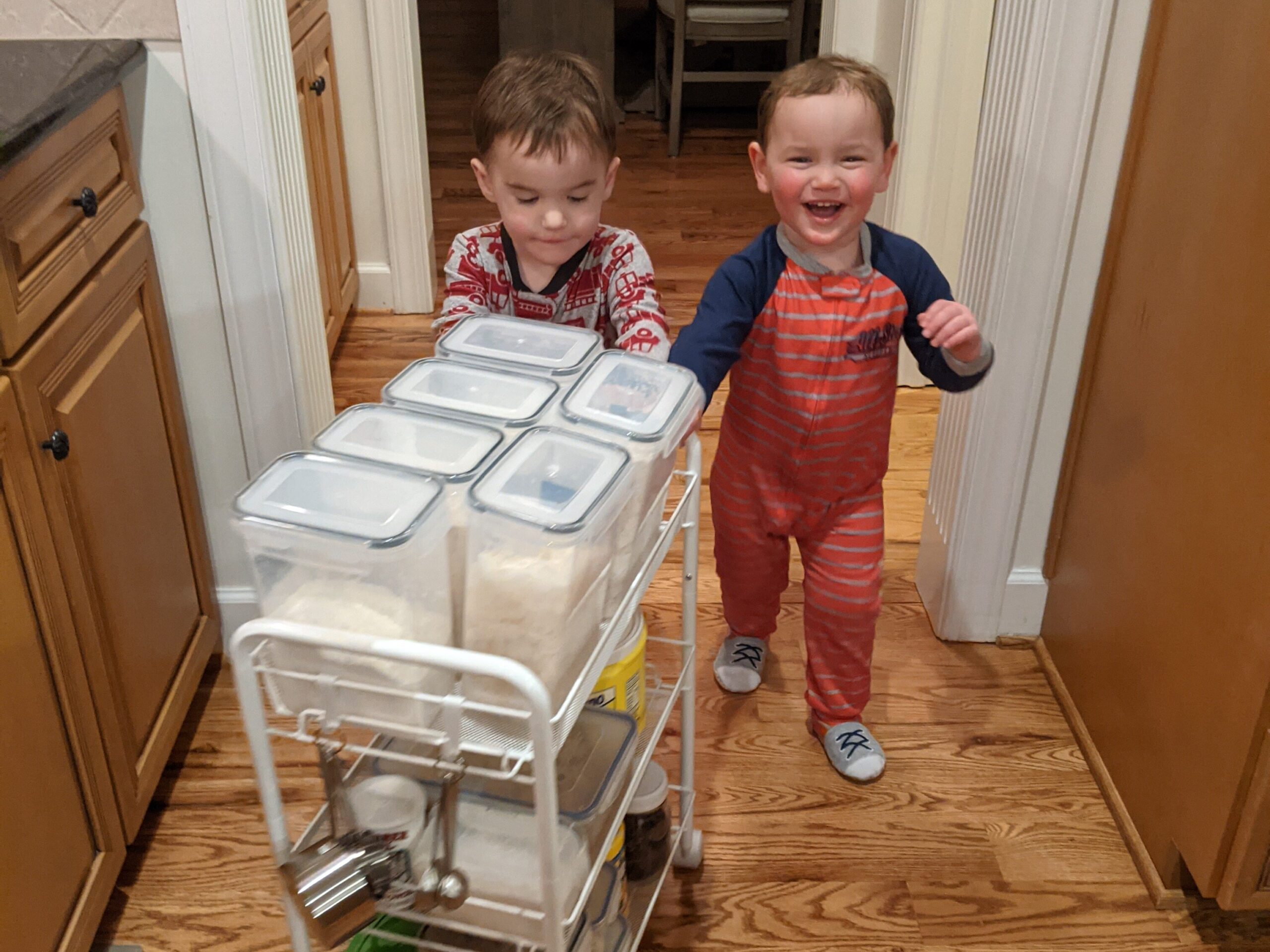 Twin toddlers pushing an organized cart of baking supplies 